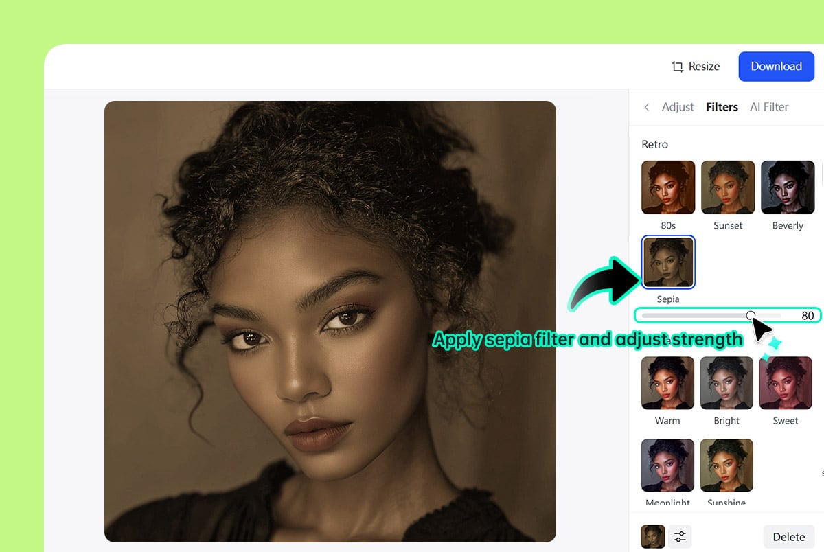 Step 2: Choose the sepia filter and adjust intensity Step 2: Choose the sepia filter and adjust intensity