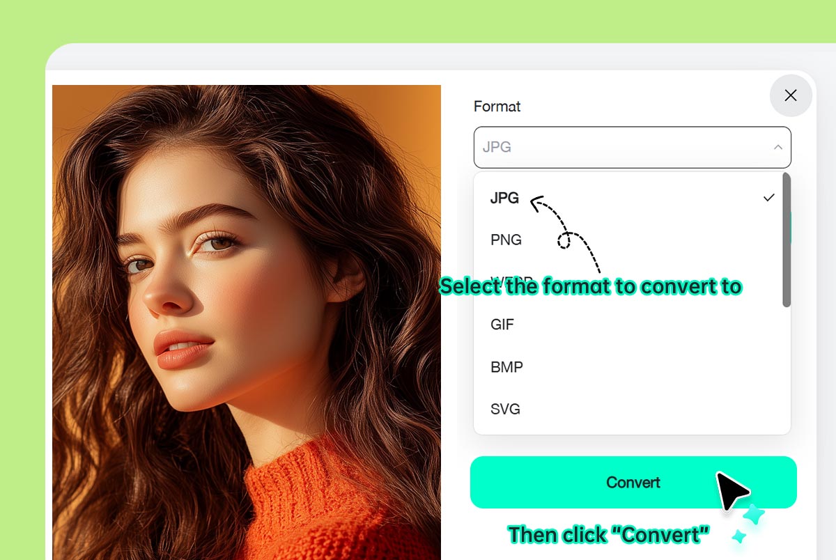 Step 2: Select the format you want to convert, JPG or JPEG, and click "Convert" Step 2: Select the format you want to convert, JPG or JPEG, and click "Convert"