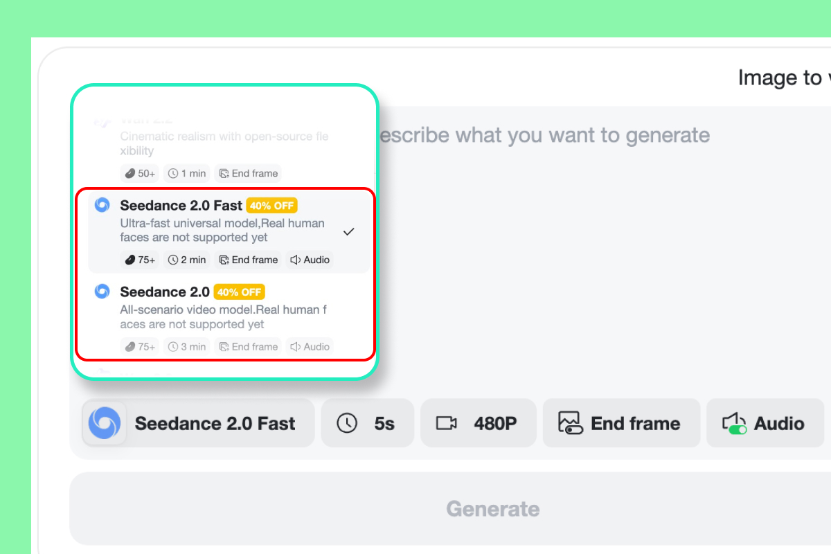 Step 2. Select the Seedance 2.0 Model Step 2. Select the Seedance 2.0 Model
