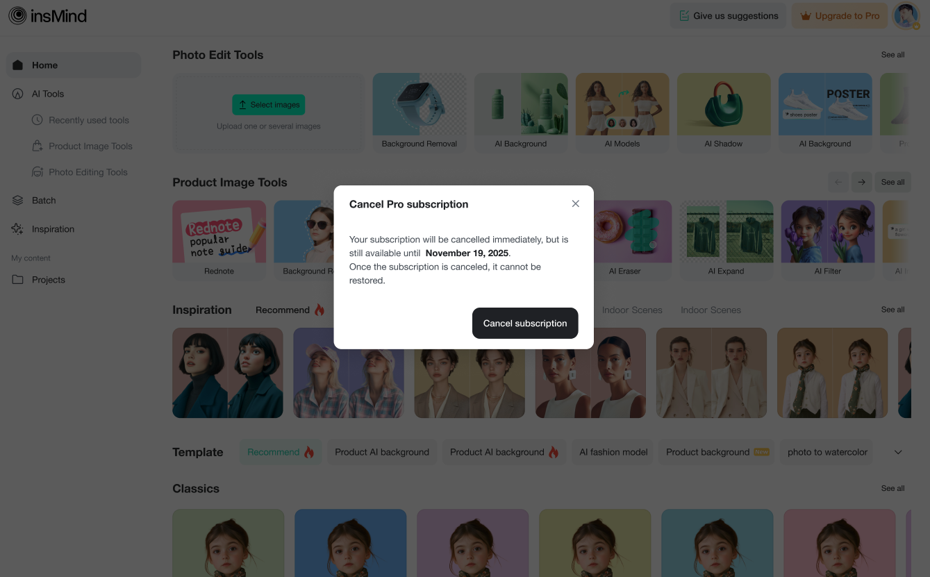 Cancel and click "Cancel subscription" on insMInd