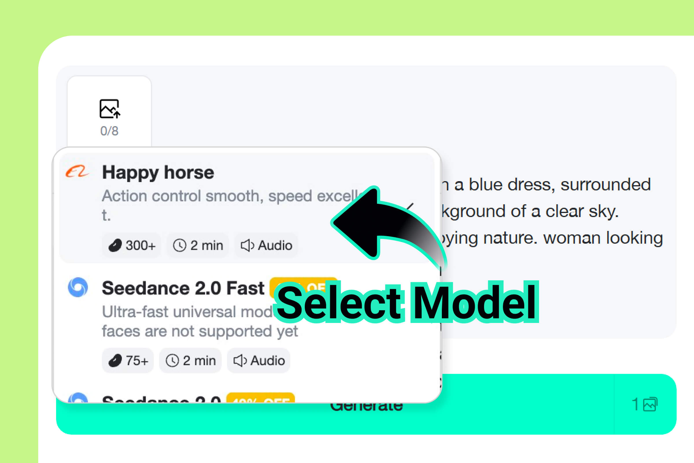 Step 2. Select Happy Horse 1.0 and Adjust Settings Step 2. Select Happy Horse 1.0 and Adjust Settings
